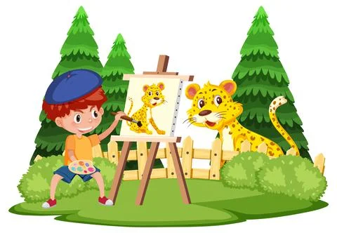 A boy drawing on canvas with tiger Illustrazione stock