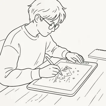 Boy drawing on digital tablet with stylus, kid using technology for creativ.. 스톡 일러스트