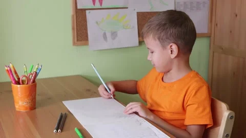 Boy drawing dinosaurs sitting by desk Stock Footage 143657024