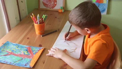Boy drawing tree sitting bu desk Stock Footage 161130273