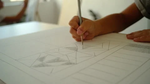 The boy draws geometric shapes with a simple pencil and does shading Stock-Footage 140168409