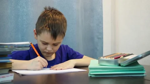 The boy draws a pencil drawing. drawing lesson at home Stock Footage 145145157