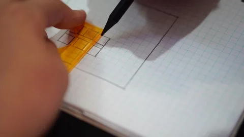 Boy draws simple drawing of house with pencil and ruler in squared notebook. han Stock Footage 307121724