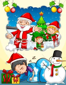Boy dreaming about Christmas festival Stock Illustration