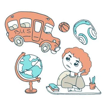 Boy dreaming on white isolated backdrop. Stock Illustration