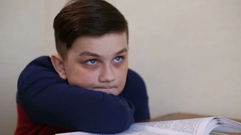 Boy dreams while reading a book Stock Footage 87401756