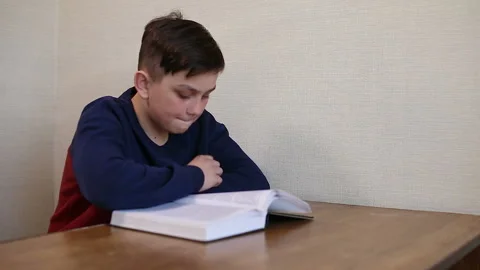 Boy dreams while reading a book Stock Footage 87402009