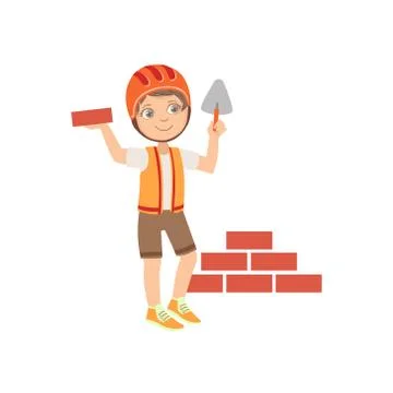 Boy Dressed As Construction Worker Laying Brick Wall Stock Illustration
