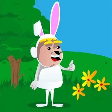 Boy dressed as Easter bunny giving you thumbs up. Vector cartoon character il Illustrazione stock