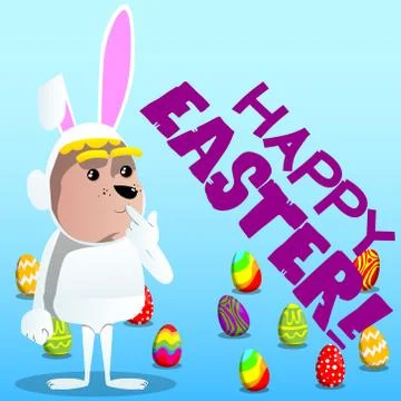 Boy dressed as Easter bunny holdin finger front of his mouth. Vector cartoon  库存插图