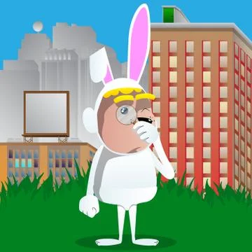 Boy dressed as Easter bunny holding a magnifying glass. Vector cartoon charac Illustrazione stock