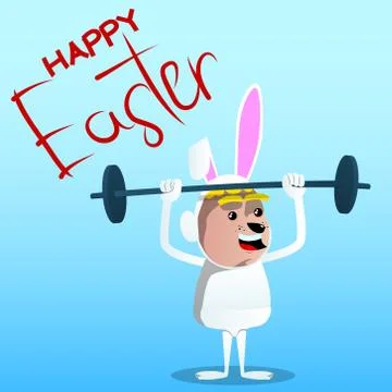 Boy dressed as Easter bunny lifting barbell. Vector cartoon character illustr Stockillustratie