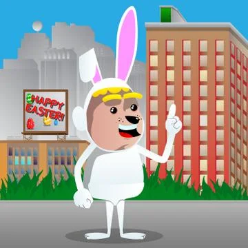 Boy dressed as Easter bunny making a point. Vector cartoon character illustra 스톡 일러스트