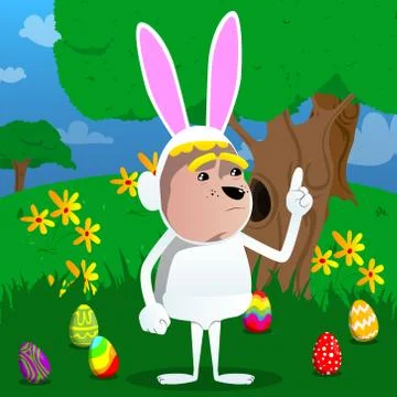 Boy dressed as Easter bunny making a point. Vector cartoon character illustra Stock Illustration