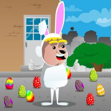 Boy dressed as Easter bunny making thumbs up sign with two hands. Vector cart Illustrazione stock