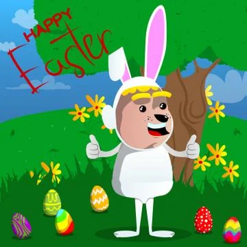 Boy dressed as Easter bunny making thumbs up sign with two hands. Vector cart Stockillustratie