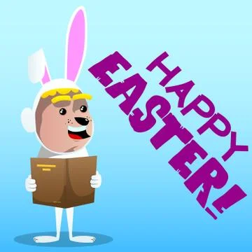 Boy dressed as Easter bunny reading a book. Vector cartoon character illustra Stock Illustration