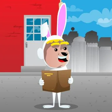 Boy dressed as Easter bunny reading a book. Vector cartoon character illustra Stockillustratie