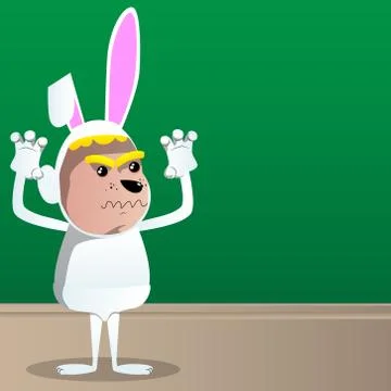 Boy dressed as Easter bunny is trying to scare you. Vector cartoon character  스톡 일러스트