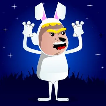 Boy dressed as Easter bunny is trying to scare you. Vector cartoon character  Stock Illustration
