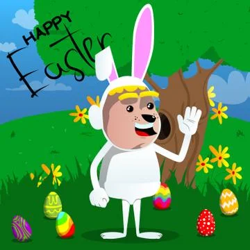 Boy dressed as Easter bunny with waving hand. Vector cartoon character illust 스톡 일러스트