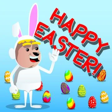 Boy dressed as Easter bunny with waving hand. Vector cartoon character illust Stock Illustration