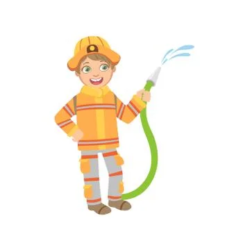 Boy Dressed As Fireman With Hose Stock Illustration