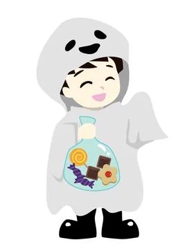 A boy dressed up as a ghost and getting sweets. Halloween illustration. Stock Illustration
