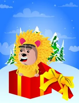 Boy dressed as lion in a gift box. Vector cartoon character illustration. 스톡 일러스트