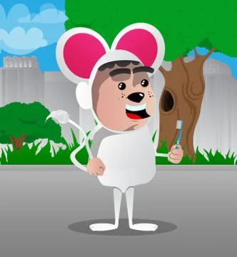 Boy dressed as mouse holding toothbrush. Vector cartoon character illustratio Illustrazione stock