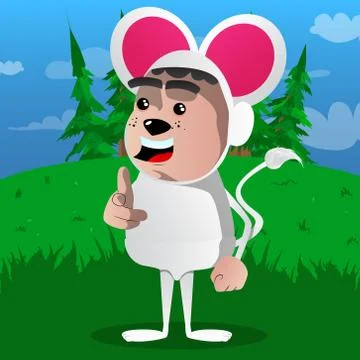 Boy dressed as mouse pointing at the viewer with his hand. Vector cartoon cha Stock Illustration