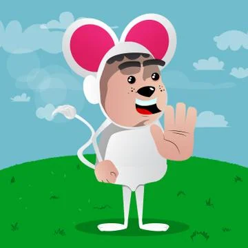Boy dressed as mouse showing deny or refuse hand gesture. Vector cartoon char Stock Illustration