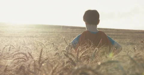 Boy dressed as superman rising his hands in victory Stock Footage 63271353