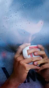 Boy drinking from a cup some drink while looking out the window wet with drop Stock Photos
