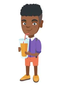 Boy drinking orange juice through a straw. Stock Illustration