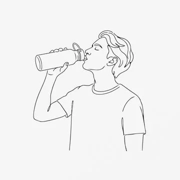 Boy drinking water from bottle line art Silhouette Stock Illustration