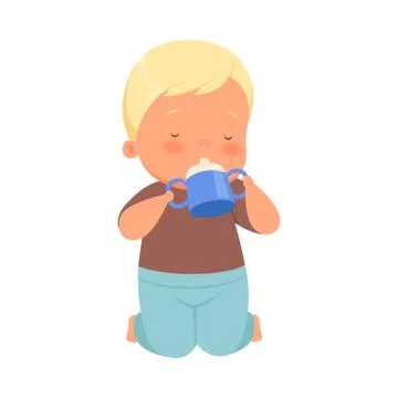Boy drinks from a bottle with two handles. Vector illustration on a white Stock Illustration