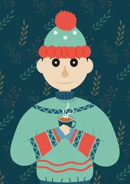The boy drinks a cup of hot tea. Cozy autumn feeling Stock Illustration