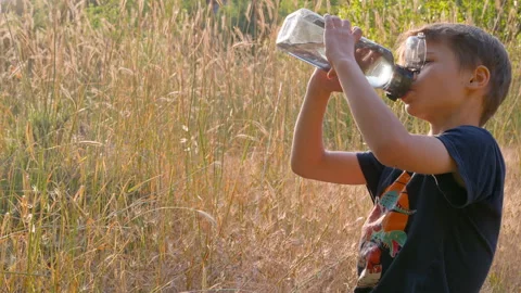 A boy drinks water on a hot summer evening at sunset. Video stock 311205480