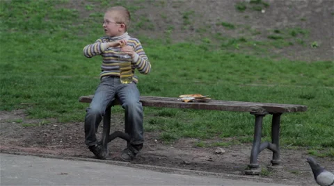 Boy drinks water sitting on the bench Stock-Footage 66331456
