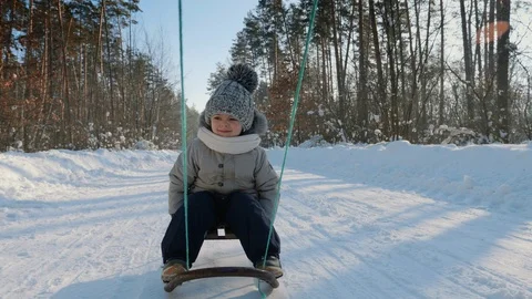 The boy is driven on a sled on a snowy road Stock Footage 114380855