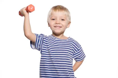 Boy with dumbbell Stock Photos