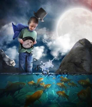 Boy dumping out time in water with clock Stock Illustration