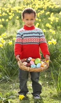 Boy on easter egg hunt in daffodil field Stock Photos