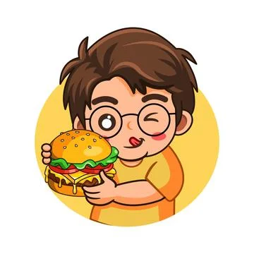 Boy Eat Burger Vector Illustration Flat Design Illustrazione stock