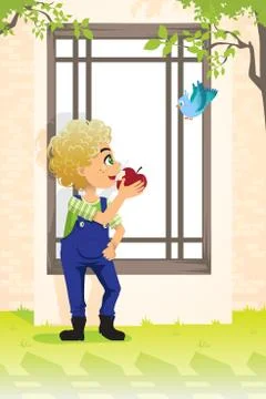 Boy eating apple Stock Illustration