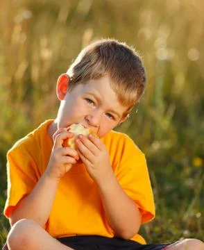 Boy eating apple Stock Photos
