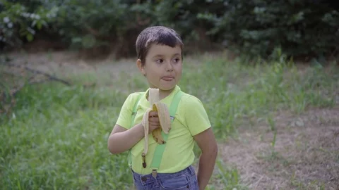 Boy eating banana Stock Footage 111833859