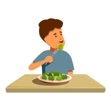 Boy eating broccoli with a fork at the table Stock Illustration
