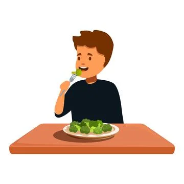 Boy eating broccoli with a fork at the table Stock Illustration